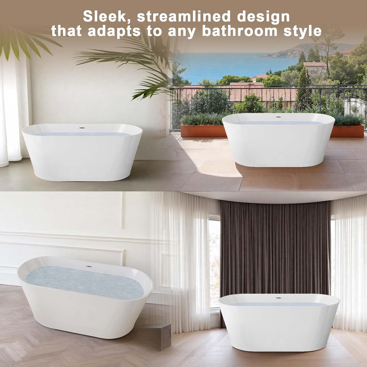 59' Acrylic Freestanding Bathtub, Stand Alone Soaking Tub with Toe-tap Chrome Drain Free Standing Bathtubs CUPC Certified, White