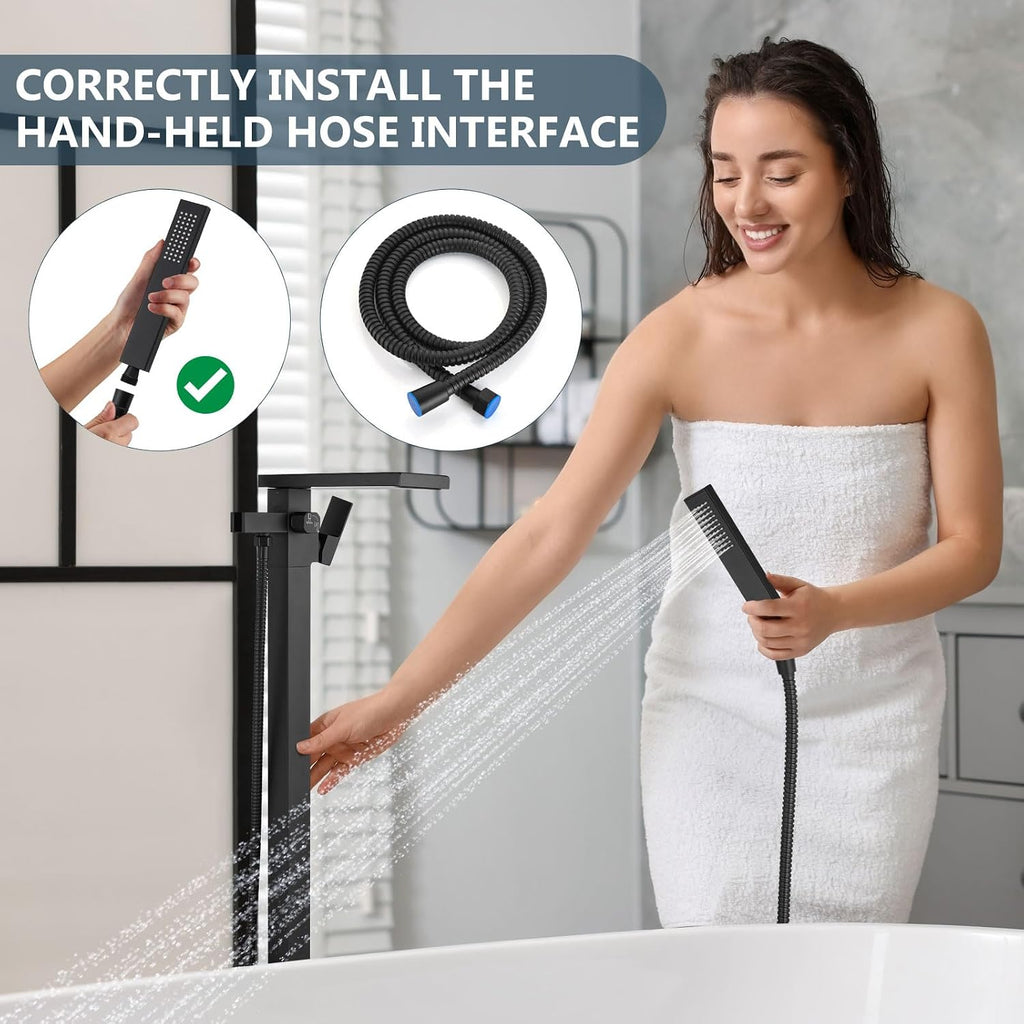 Aolemi Freestanding Bathtub Faucet Floor Mount Tub Filler with Handheld Spray Single Handle Free Standing Bathroom Faucets Swivel Flat Waterfall Spout Matte Black