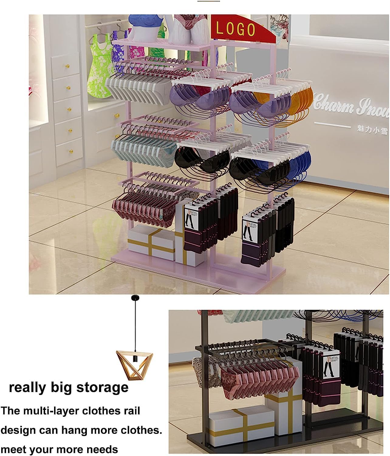Retail Store Display Rack,Free Standing Garment Rack,Double Sided Coat Hanger,Heavy Duty Metal Underwear,Bra,Shorts and Socks Display Rack,Island Rack with