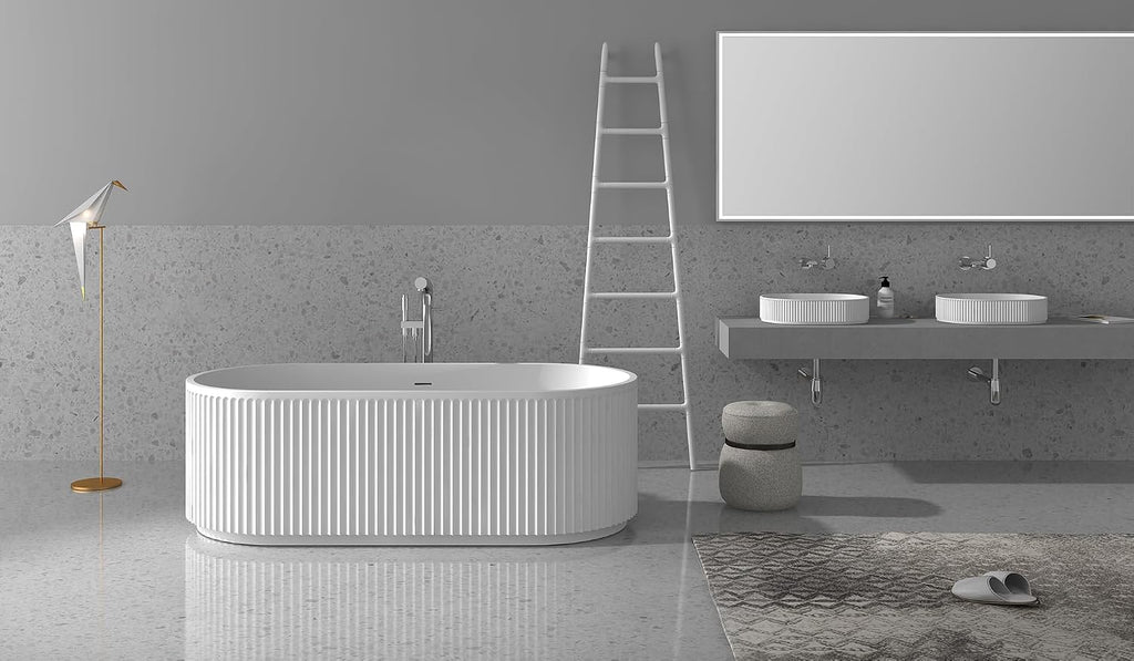 Ruvati 59-inch Fluted Freestanding Soaking Bathtub epiStone Solid Surface Modern Matte White - RVB6799WH