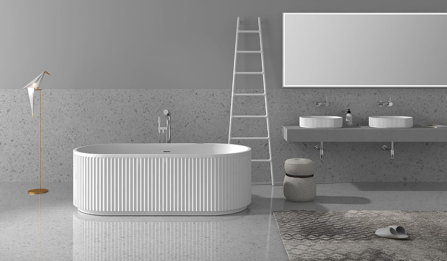 Ruvati 59-inch Fluted Freestanding Soaking Bathtub epiStone Solid Surface Modern Matte White - RVB6799WH