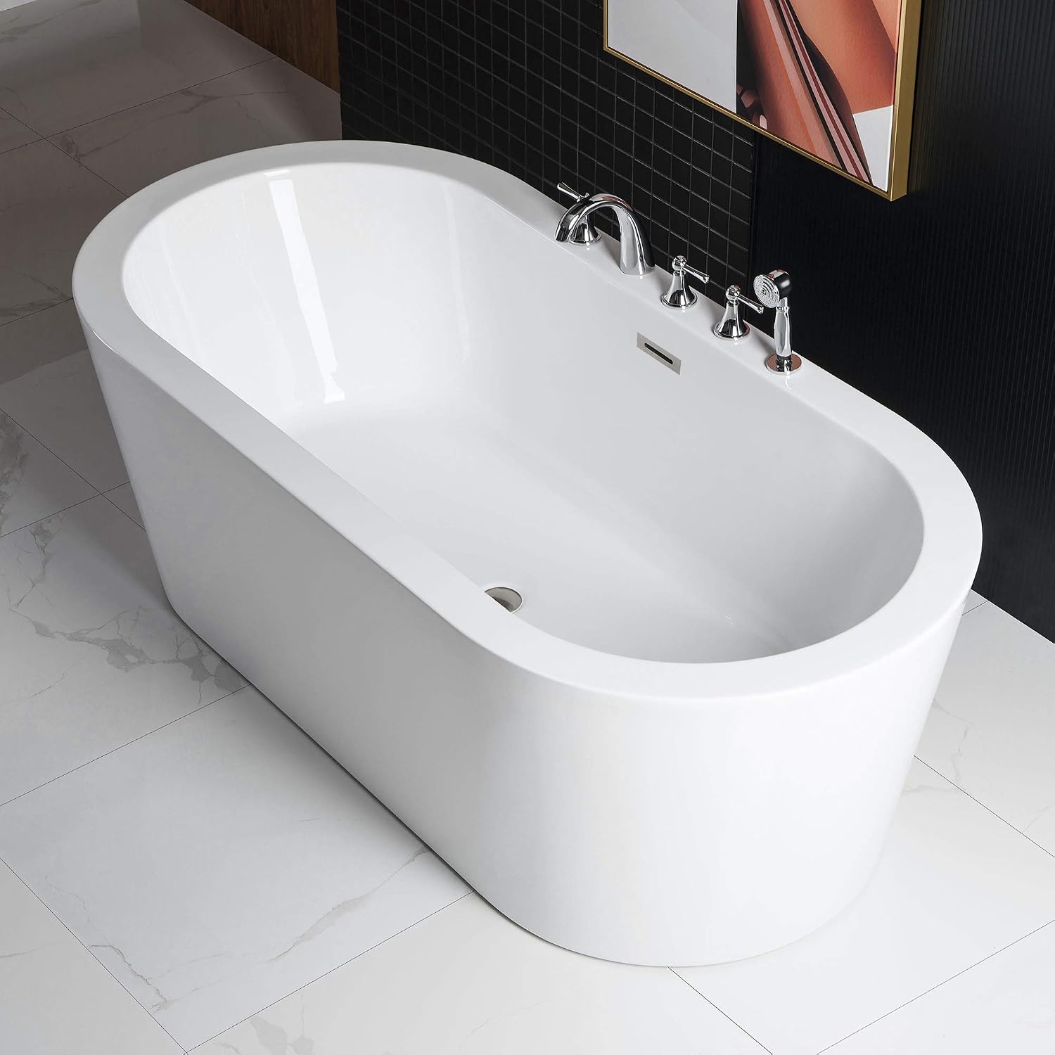 WOODBRIDGE 59' Acrylic Freestanding Bathtub Contemporary Soaking White Tub with Brushed Nickel Overflow and Drain，B0012 -B/N-Drain &O