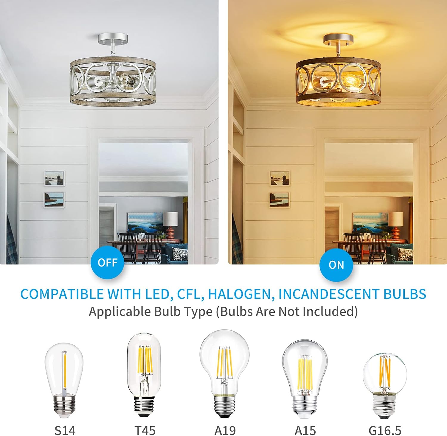XINGQI 13' Modern 3-Light Brushed Nickel Rustic Semi Flush Mount Ceiling Light Fixture Wood Grain Metal Round Lamp for Kitchen Dining Room Bedroom Entryway