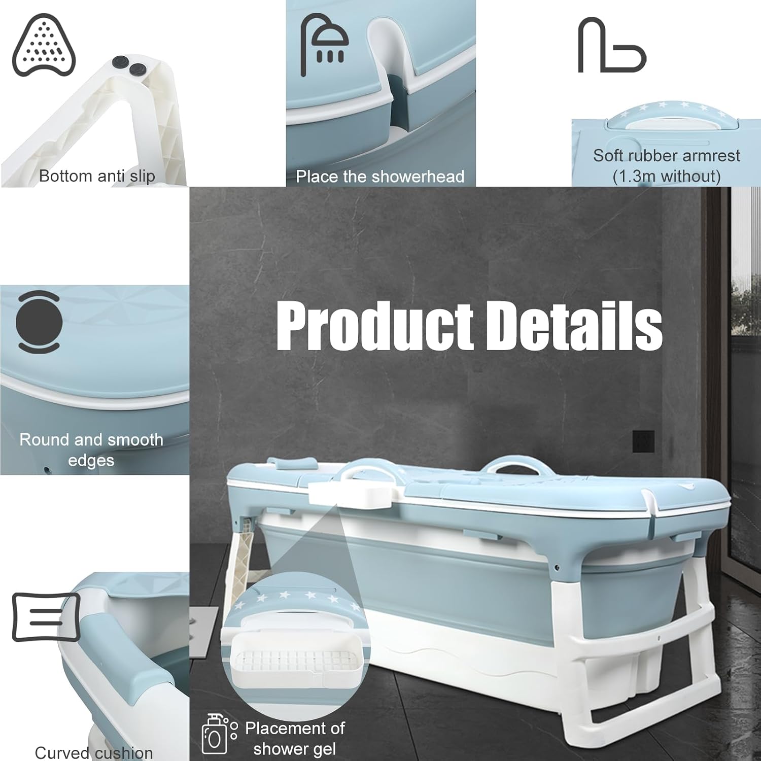 Portable Bathtub, 58/56/50/46 Inch Collapsible Bathtub, Freestanding Foldable Bathtub for Adults, Folding Tub for Shower, Hot Bath, Ice Bath Blue-B-120cm