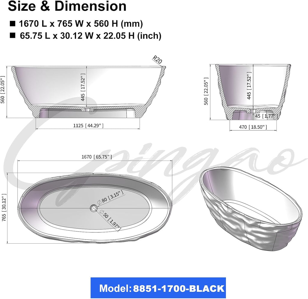 Cpingao 66' Resin Transparent Freestanding Bathtub, Contemporary Oval Stand Alone Tubs, Translucent Resin Freestanding Bath Tub 1670 MM with Drain Black 8851-1700-BK