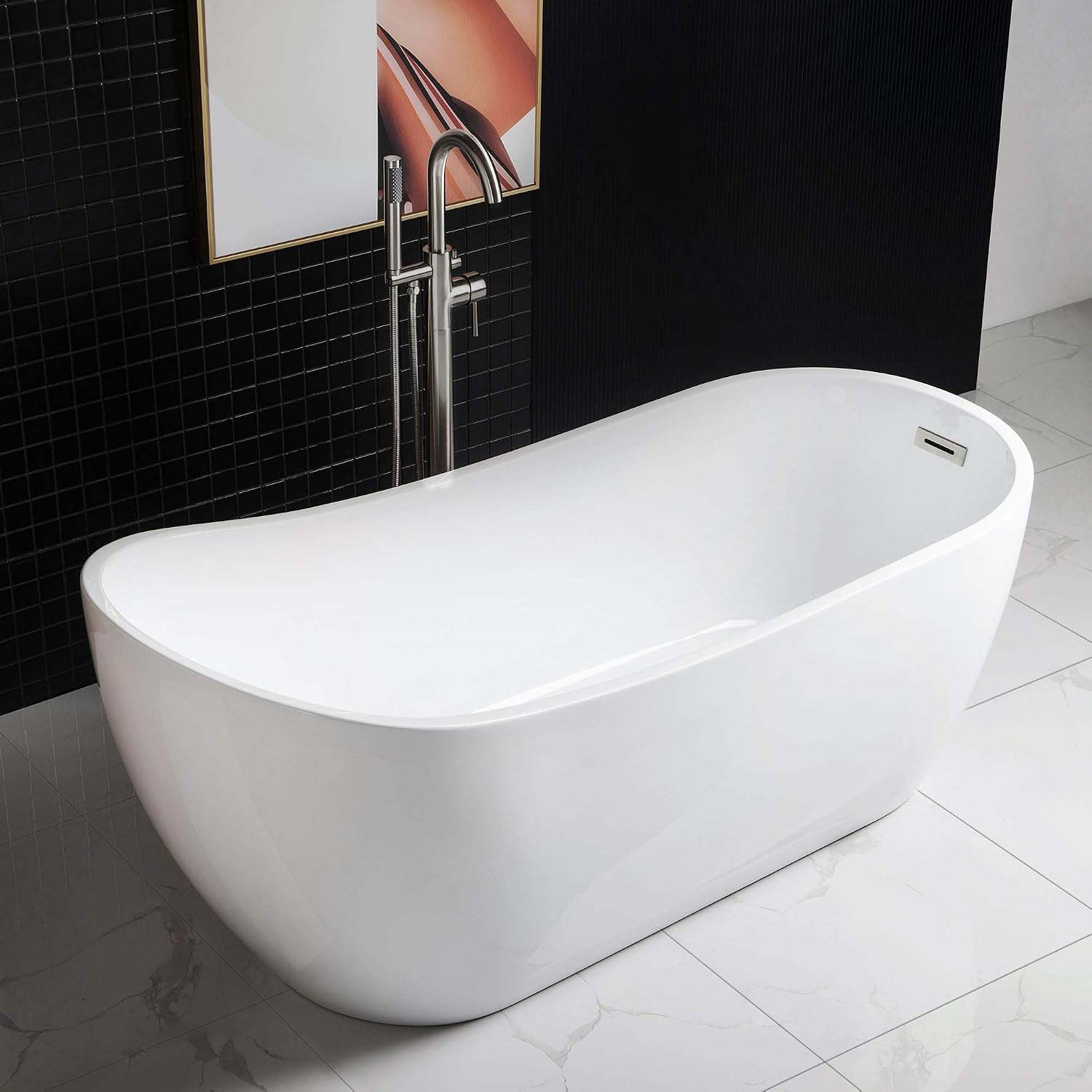WOODBRIDGE 67' Acrylic Freestanding Bathtub Contemporary Soaking White Tub with Brushed Nickel Overflow and Drain，B-0001-BN