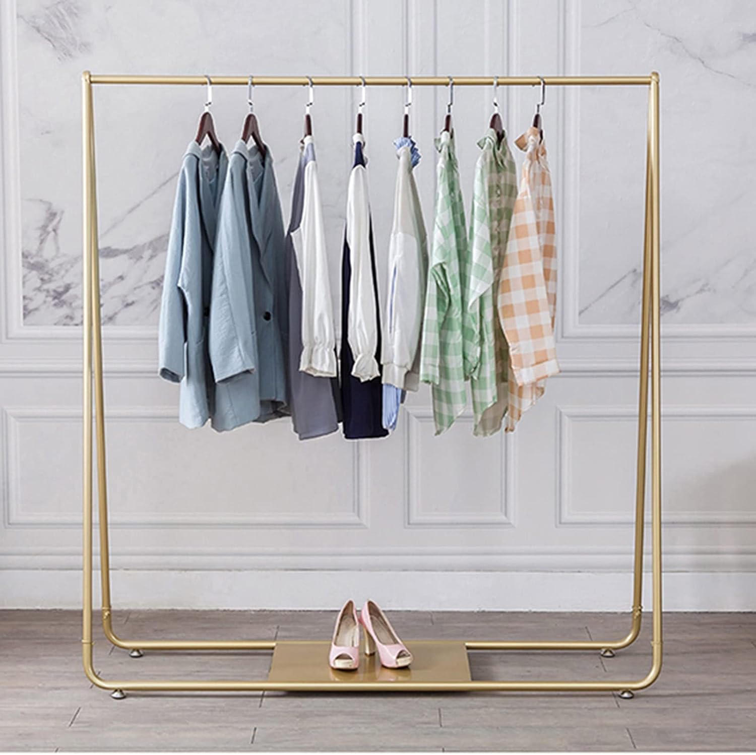 Coat Racks Coat Rack with Wheels and Shelves Garment Racks Portable Clothing Rail Rolling Hanger Single Rod Clothes Retail Display Stand,Gold-100X40X155Cm