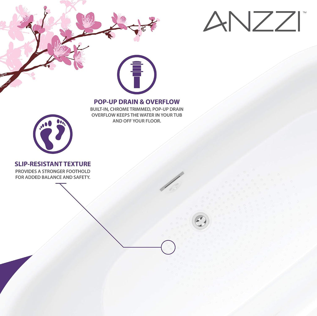 ANZZI Freestanding Bathtub Acrylic 59 In Flat Bottom Soaking Tub Glossy White One Piece Center Drain Overflow Included Slip Resistant Floor Adjustable Feet 79 Gal Capacity Ami Series | FT-AZ401-59