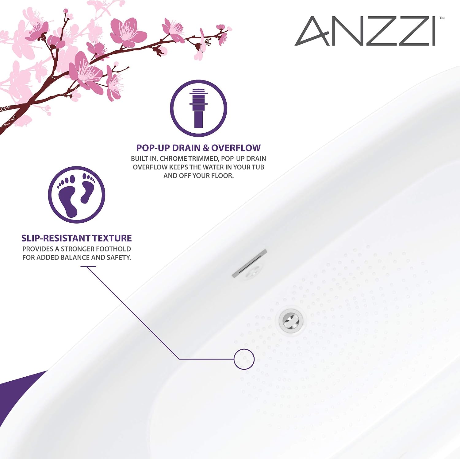 ANZZI Freestanding Bathtub Acrylic 59 In Flat Bottom Soaking Tub Glossy White One Piece Center Drain Overflow Included Slip Resistant Floor Adjustable Feet 79 Gal Capacity Ami Series | FT-AZ401-59