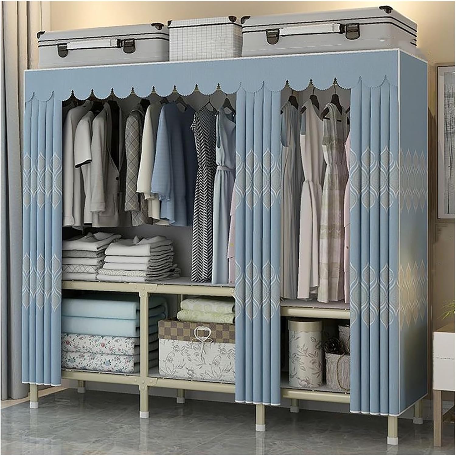 Foldable Wardrobe Closets With Cover, Metal Freestanding Clothing Rack, Portable Garment Rack With Hanging Rods, Quick And Easy To Assembly, For Bedroom(Blue 2,190cm/74.8inch)