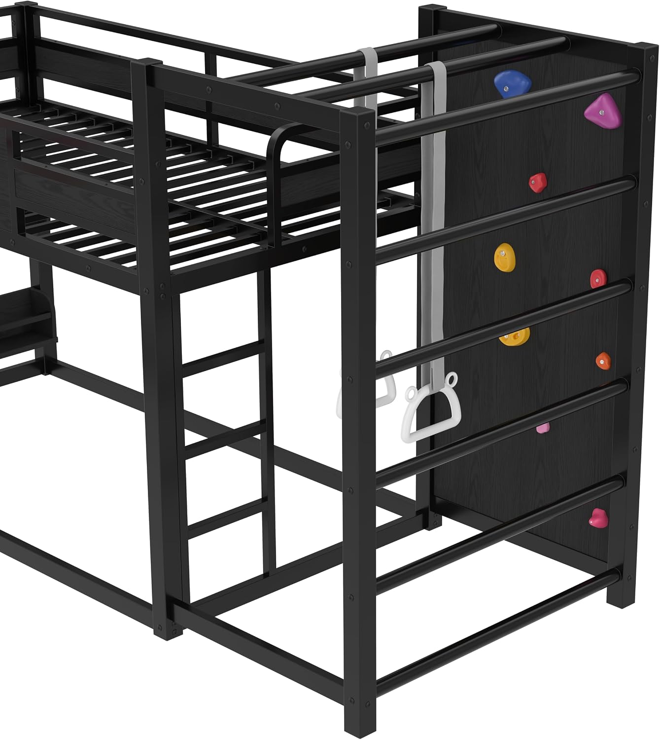 Multifunction Kids Loft Bed with Basketball Hoop, Slide, Pull-up Rings and Climbing Wall, Twin Metal Bunk Bed with Basketball Hoop, Pull-Up rings, Climbing Wall, and Built-in Bookshelves, Black
