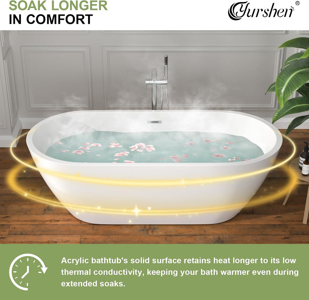 67 Inch Freestanding Acrylic Bathtub White Roll Top Soaking Tub with Smooth Curved Rim, Chrome Drain and Overflow, YSB9217