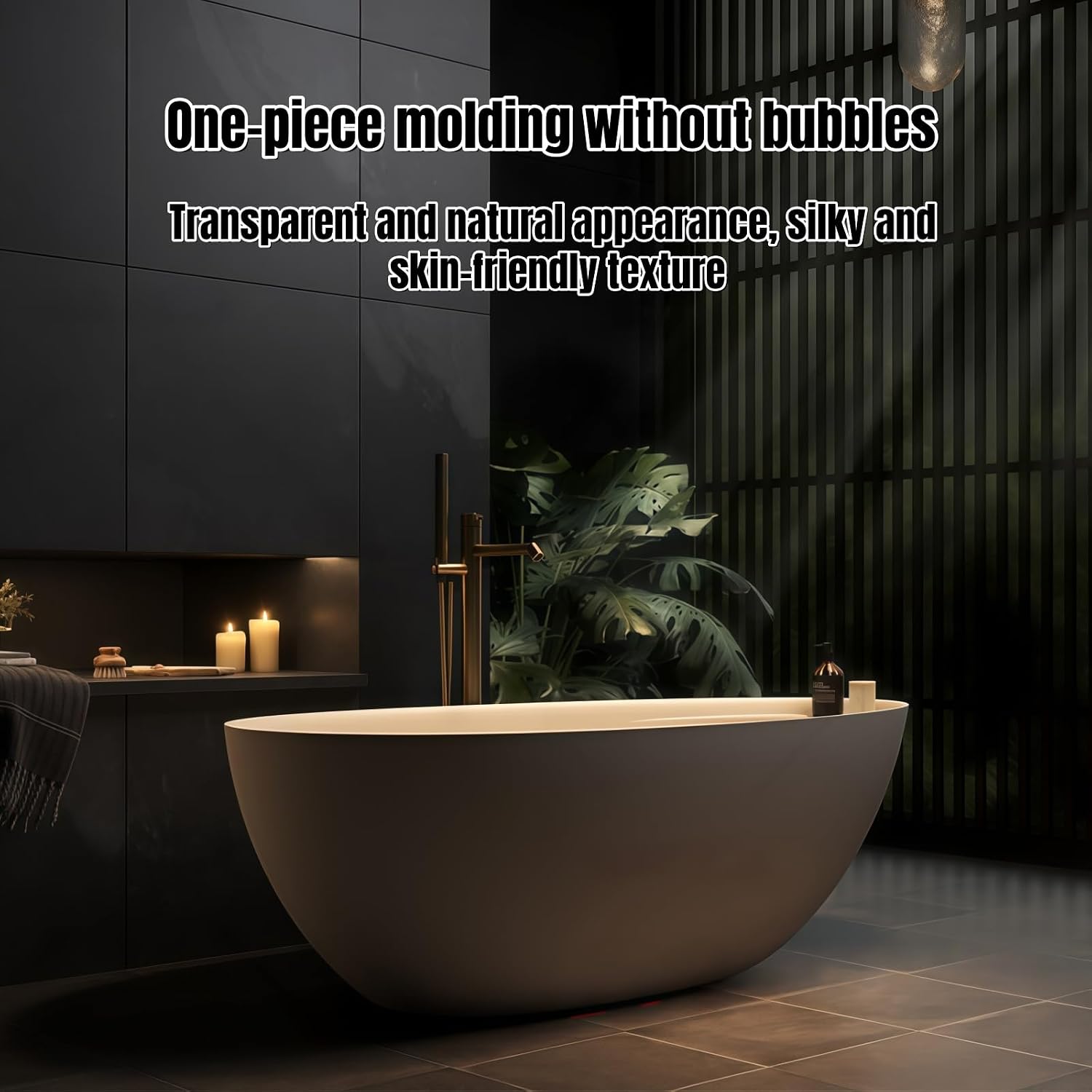 Freestanding Bathtub - Oval Solid Surface Bathtub, Ergonomic Soaker Tub, Modern Extra Deep Stand Alone Tub, with Drain, Suitable for Apartments, Villas, Hotels (Black, 60')