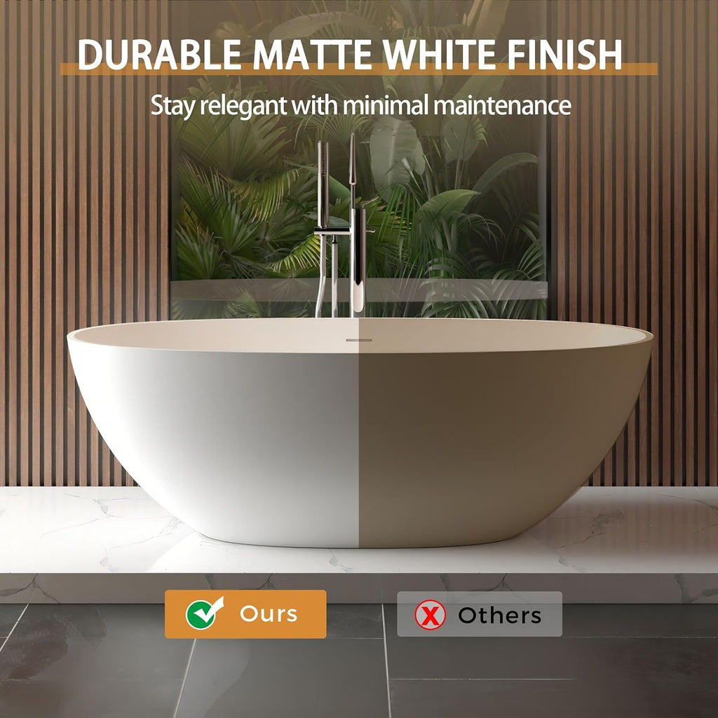 65' Freestanding Bathtub, Luxury Handcrafted Solid Surface Stone Resin Soaking Tub with Overflow and Pop-Up Drain, Matte White Stand Alone Tub for Modern Bathroom Spa Experience