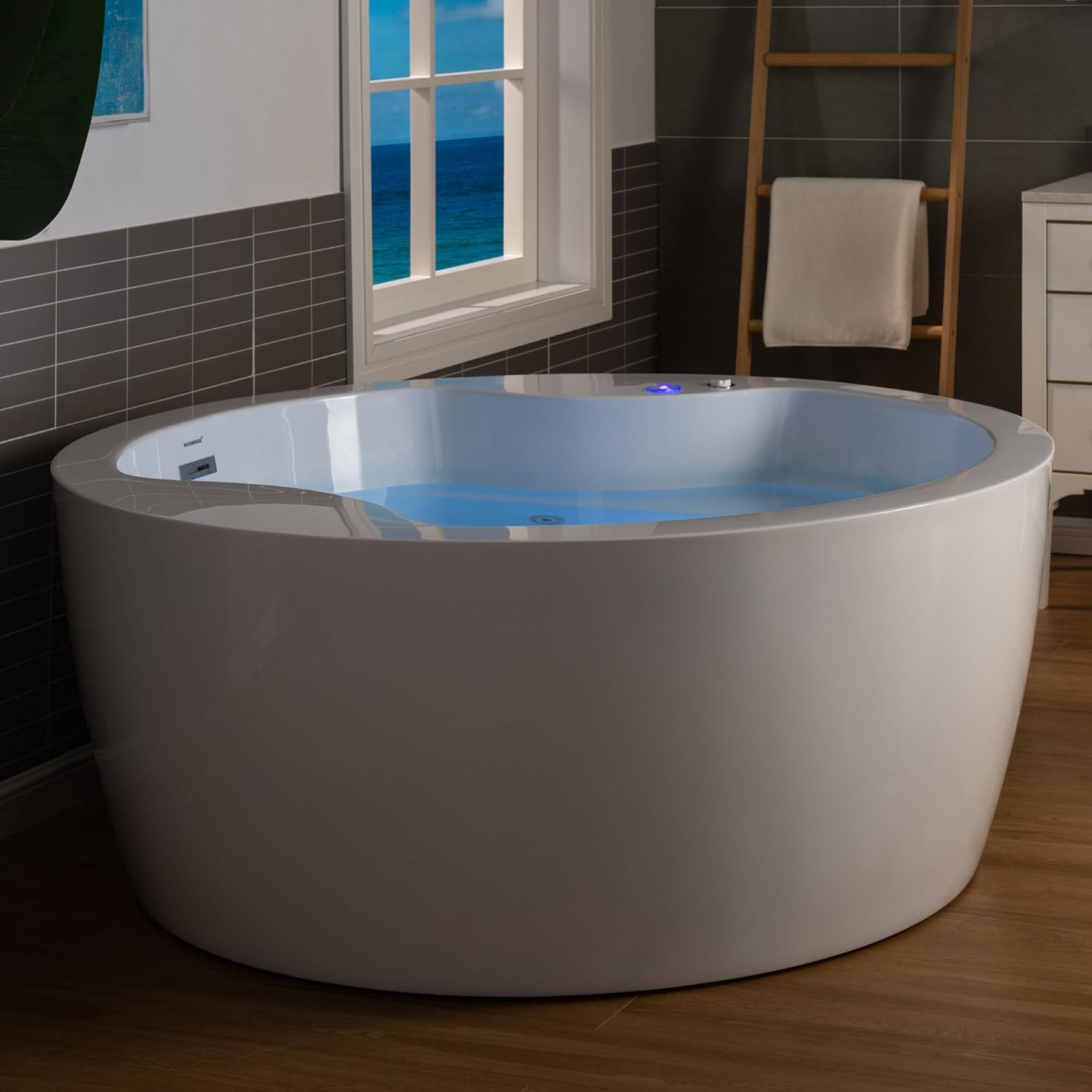 WOODBRIDGE Spacious 59' Whirlpool and Air Bath Heated Soaking Tub with Adjustable Speed Air Blower, LED Control Panel, Integrated Seat, BJ061
