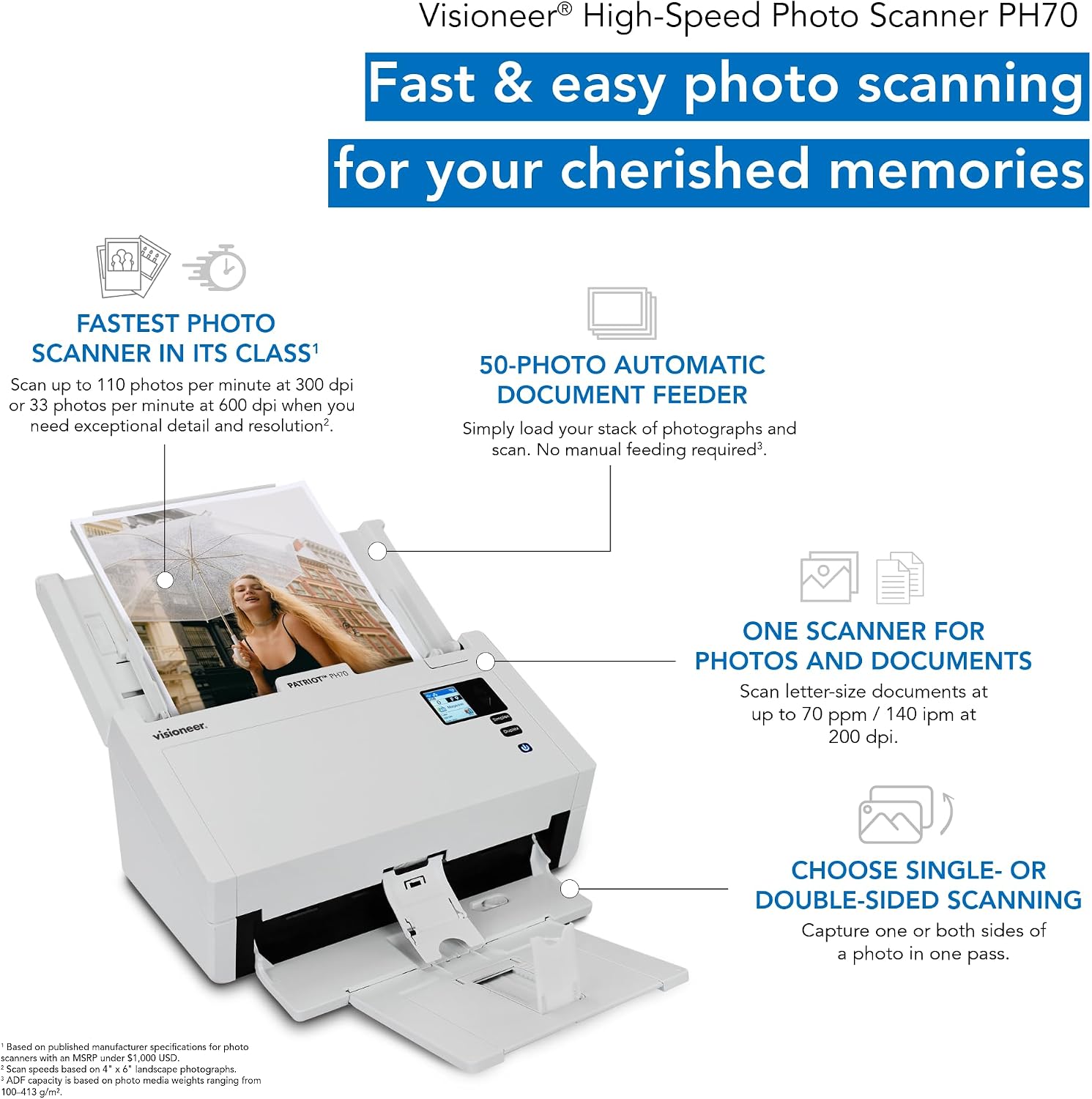 Visioneer High-Speed Color Photo and Document Scanner PH70, 600 dpi, USB, Scans 110 Photos Per Minute, 50-Photo Automatic Document Feeder (ADF), for Laptop or Desktop