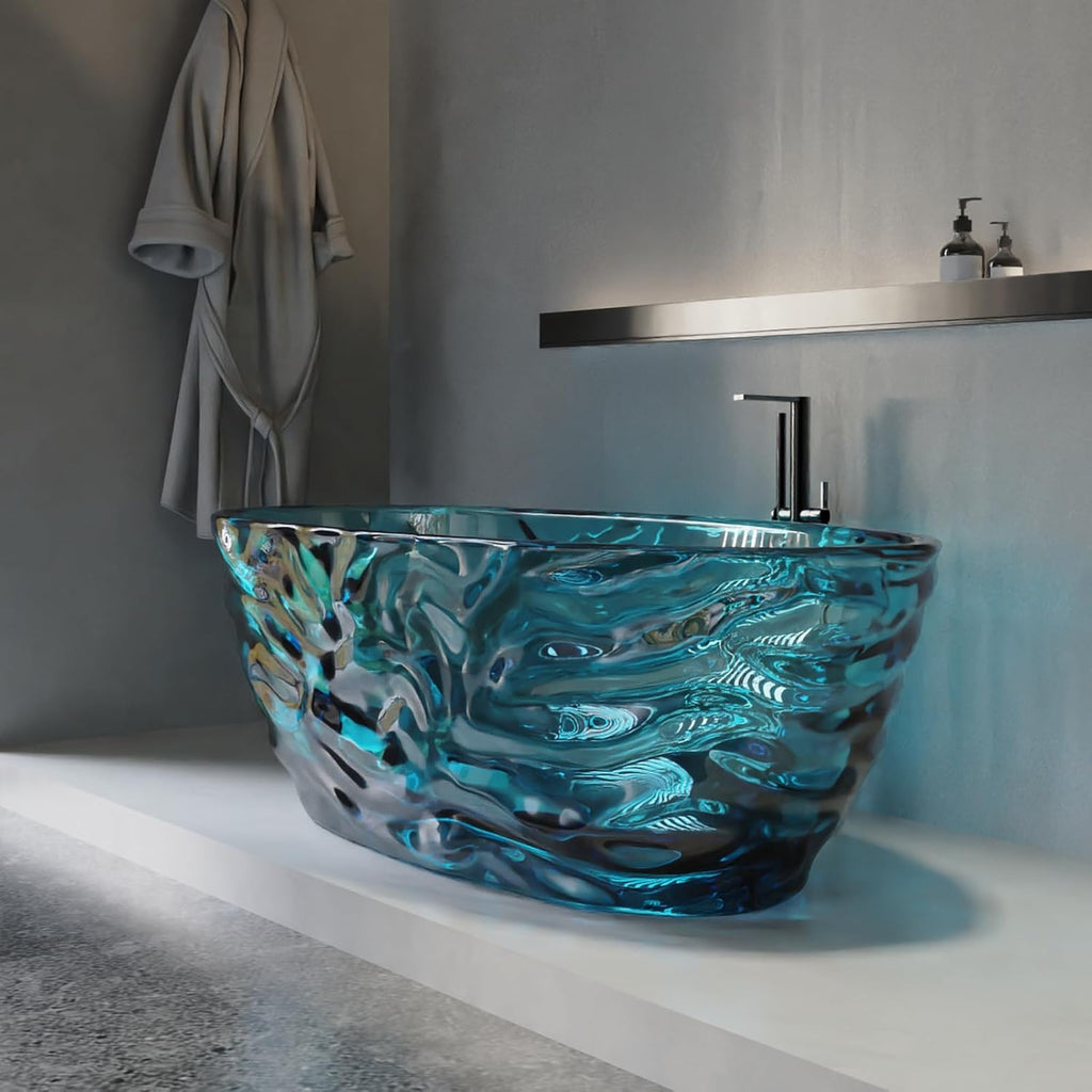 Cpingao 66' Resin Transparent Freestanding Bathtub, Contemporary Oval Stand Alone Tubs, Translucent Resin Freestanding Bath 1670 MM with Drain Lake Blue 8851-1700-BLUE