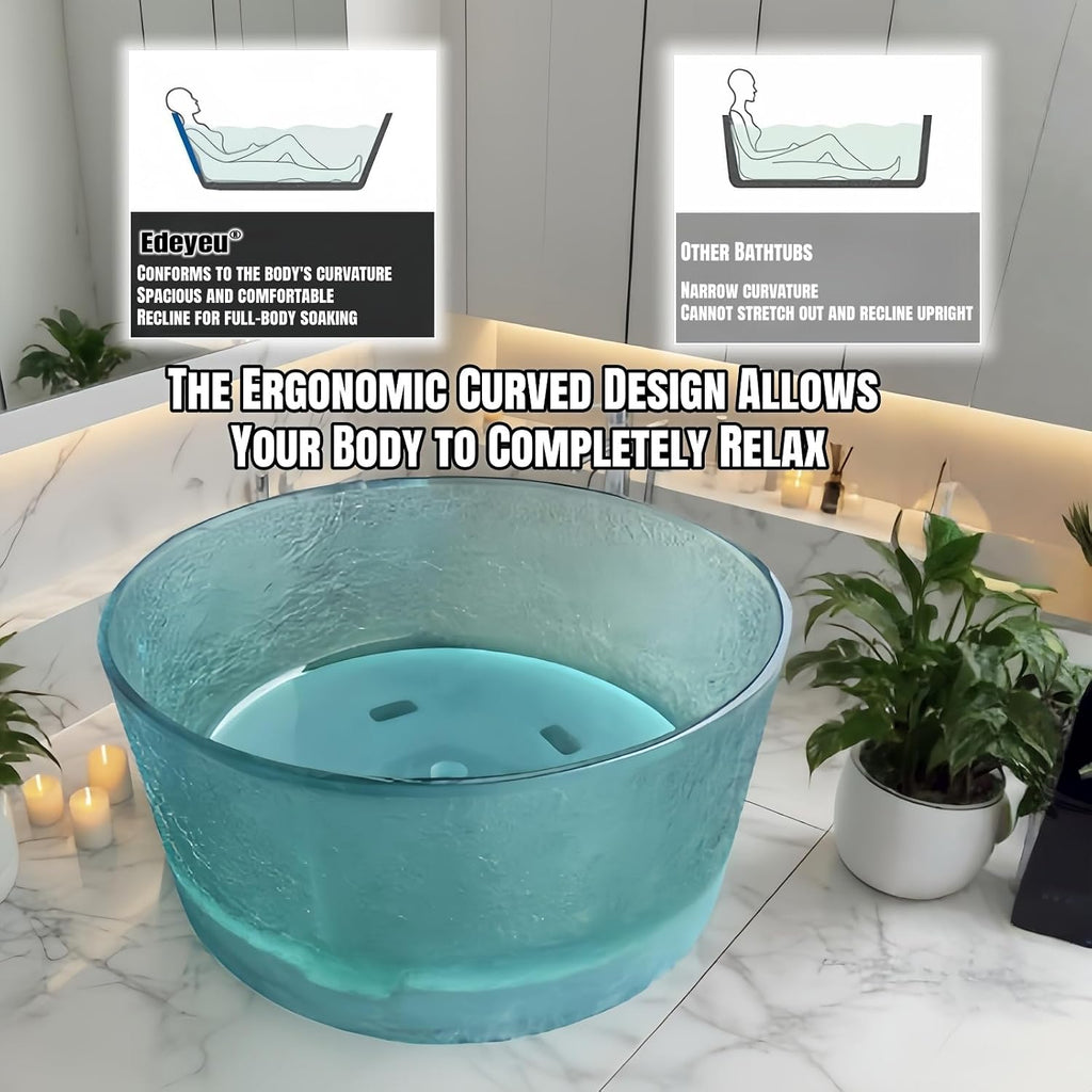 47' Edeyeu Freestanding Bathtub - Round Solid Surface Bathtub With Ice Crack Texture, Luxury Extra Deep Soaking Tub, Natural Resin Stand Alone Free Standing Tub For Modern Bathroom Design Blue