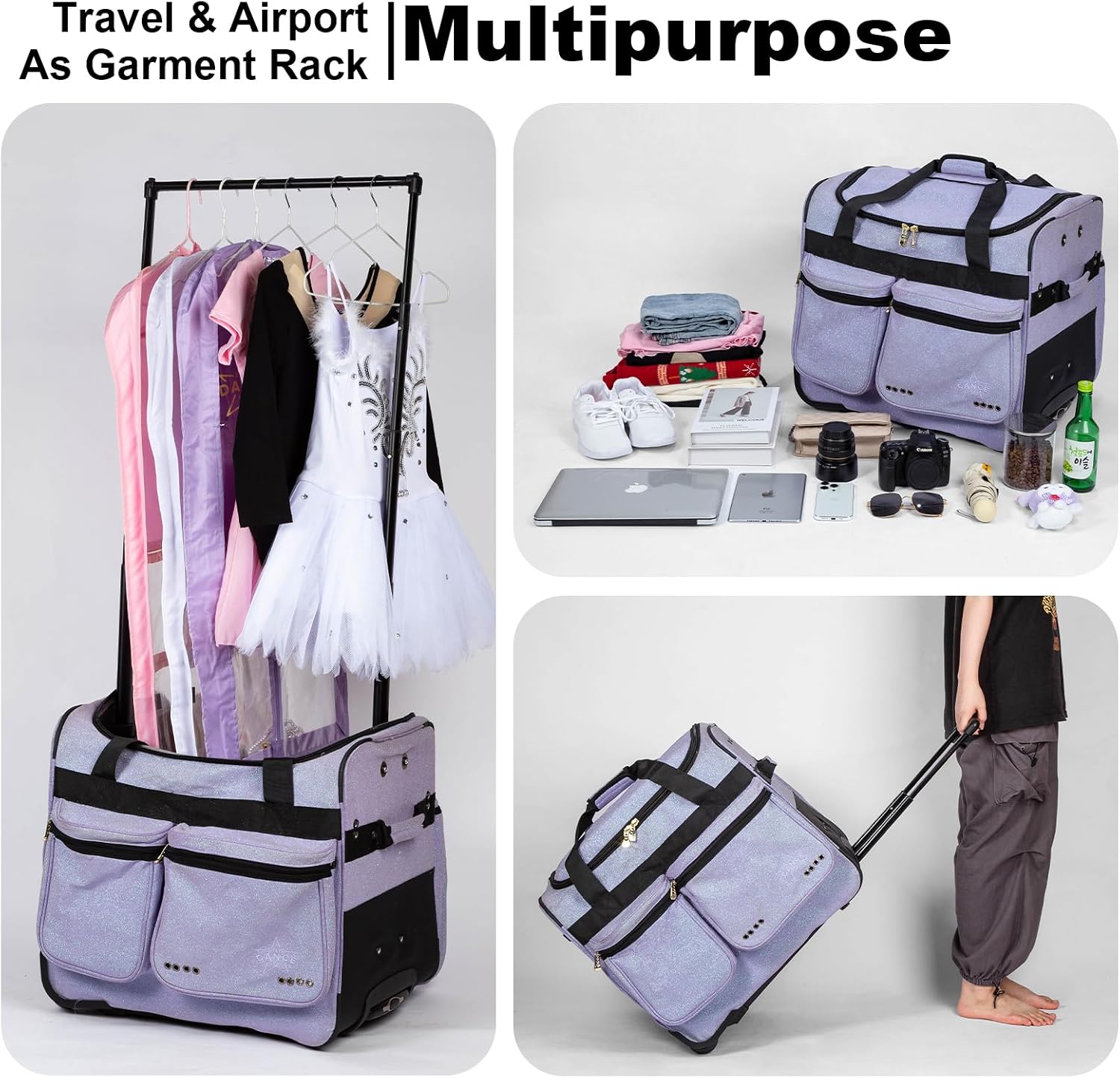 Foldable 23 Inch Dance Bag with Garment Rack, Dance Costumes Rolling Garment Bags for Travel, Garment Duffel Bag for Dancer, Collapsible Competition Bag with Wheels