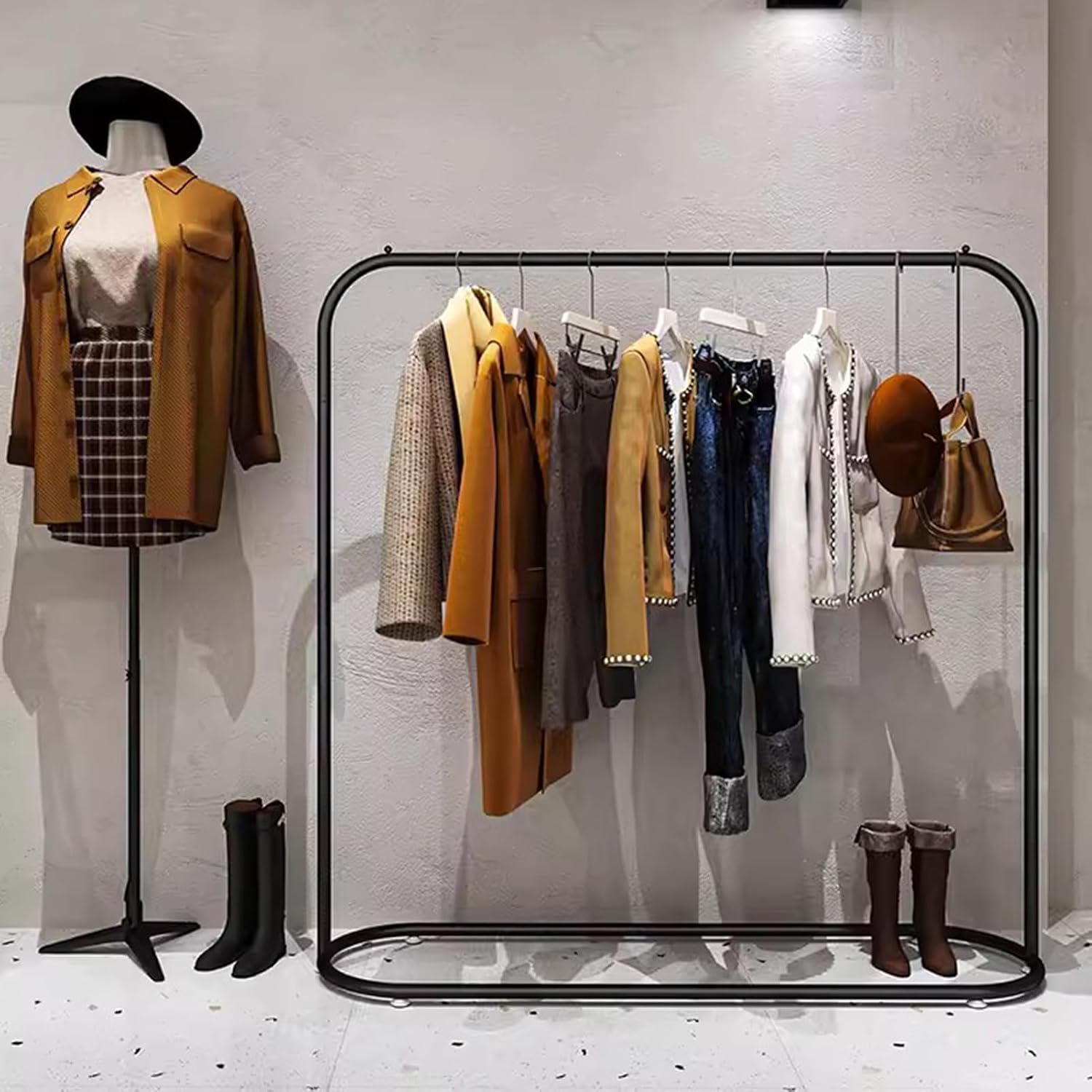 Heavy duty Garment rack Modern Black Metal Clothes Rail For Hanging Clothes Commercial Heavy Duty Clothing Rack Freestanding Retail Display Rack Easy To Assemble Single Rod Coat Rack ( 150X40X160CM)