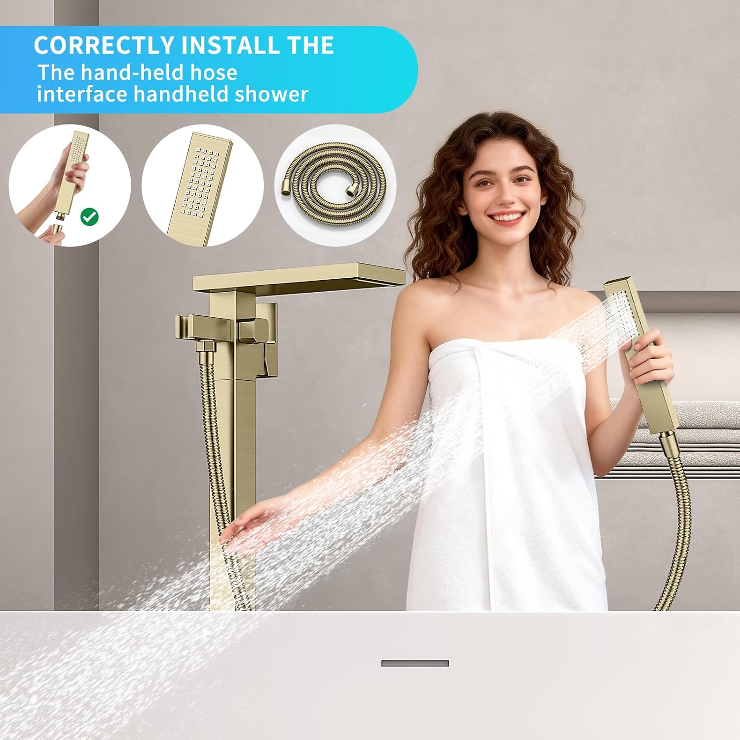 Freestanding Bathtub Faucet with Handheld Spray Single,High Flow Waterfall Bath Shower Faucet,Floor Mount Bathtub Faucet Swivel Flat Waterfall Spout Brushed Gold