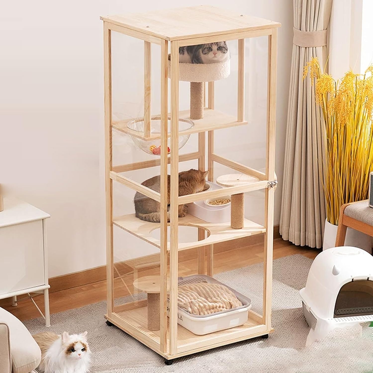 Cat Villa Wooden Cat Cage 4 Features Braked Casters and A Top Skylight Magnetic Cabinet Doors Suitable for 1-2 Cats Top Storage Space Cat Condo(60 * 60 * 155cm)