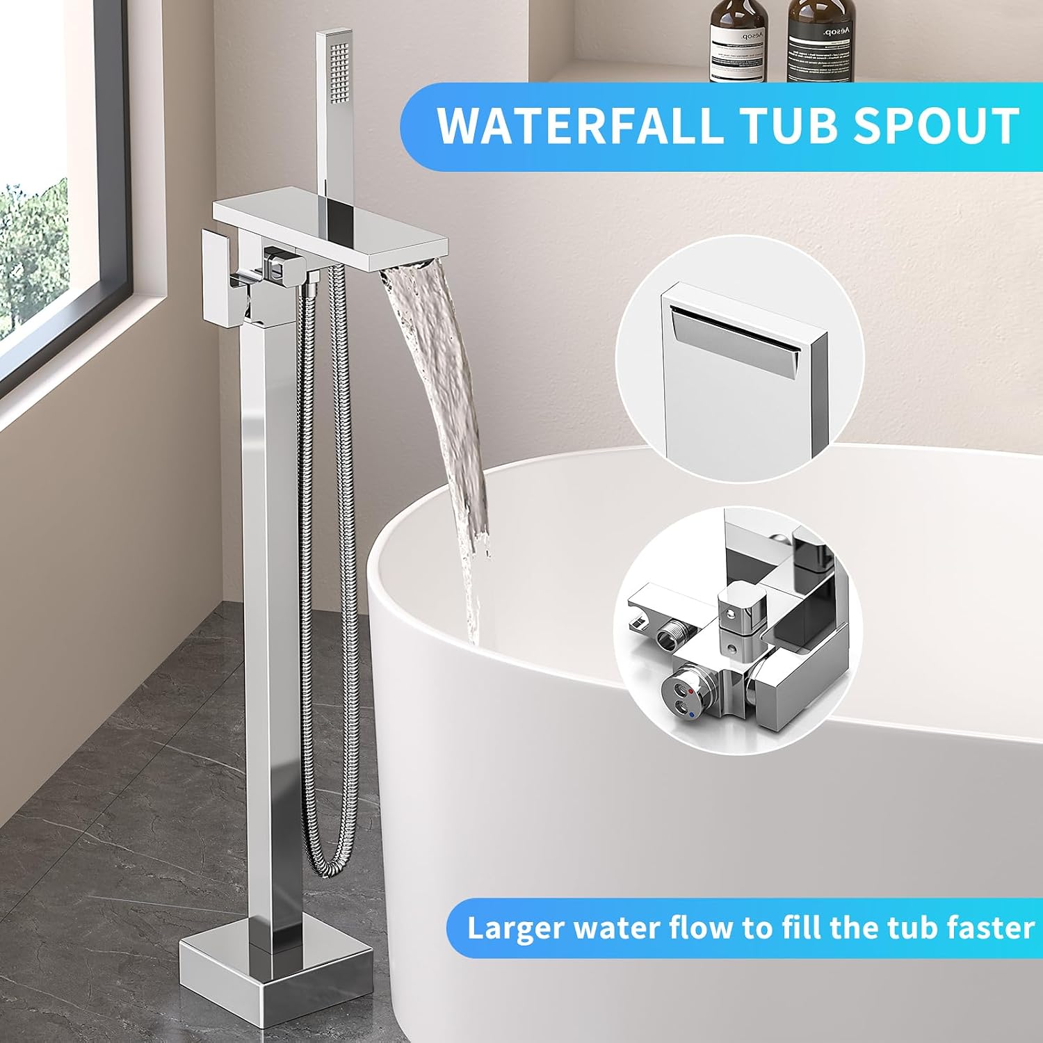 Freestanding Bathtub Faucet with Handheld Spray Single,High Flow Waterfall Bath Shower Faucet,Floor Mount Bathtub Faucet Swivel Flat Waterfall Spout Polished Chrome
