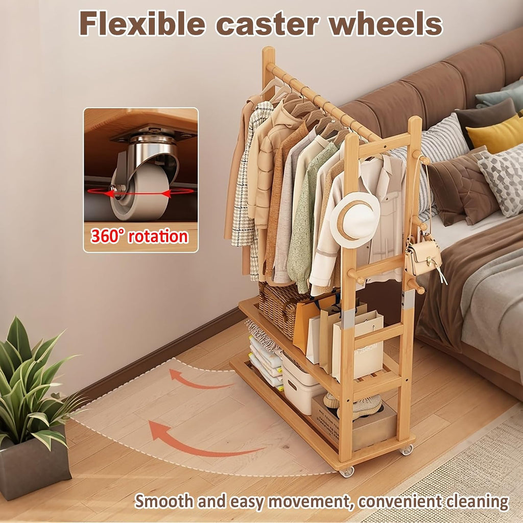 Solid Wood Clothing Rack, Heavy Duty Clothes Racks with Wheels, Rolling Garment Rack with 2 Shelves Storage, for Hallway Bedroom Living Room Entryway (Natural wood color, Small)