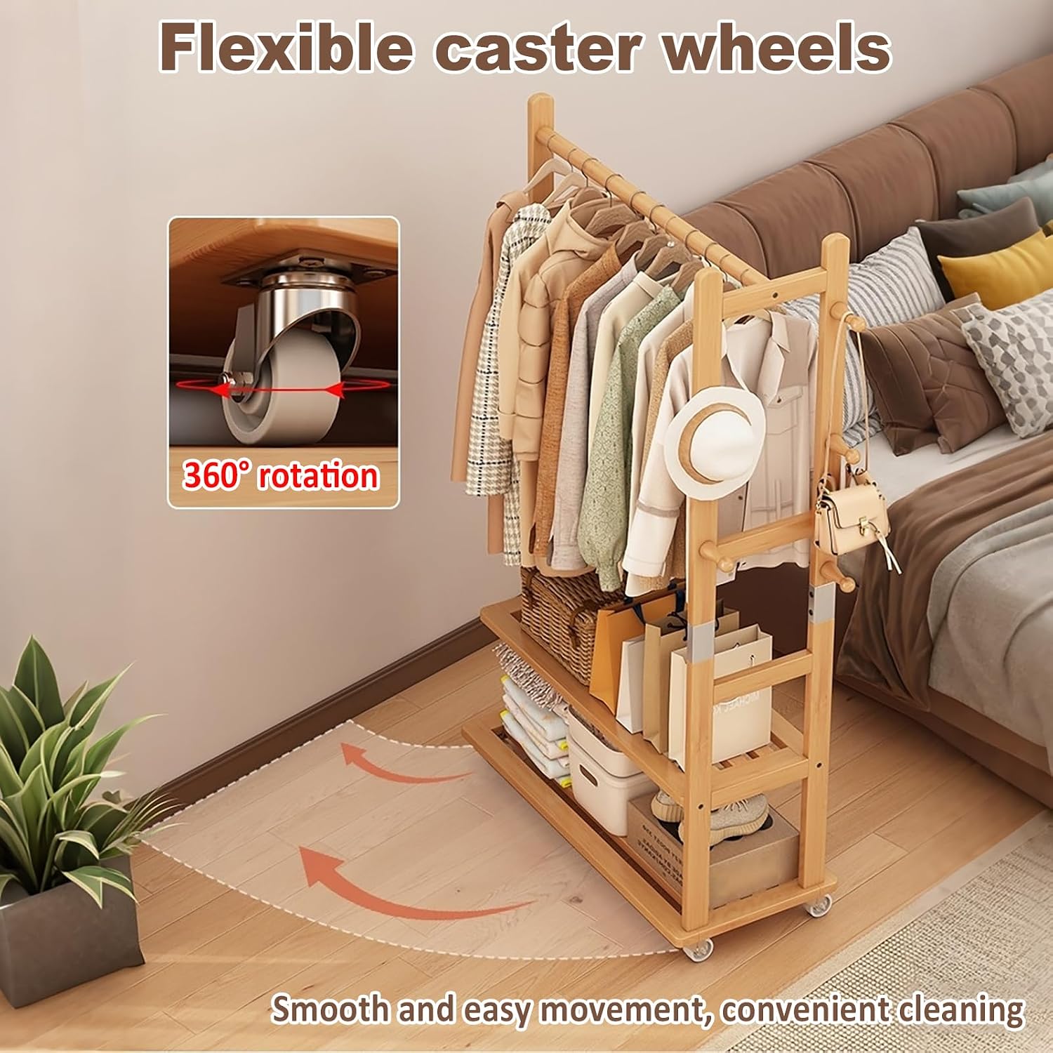 Solid Wood Clothing Rack, Heavy Duty Clothes Racks with Wheels, Rolling Garment Rack with 2 Shelves Storage, for Hallway Bedroom Living Room Entryway (Natural wood color, Small)