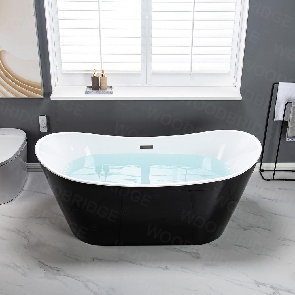 WOODBRIDGE 67' Acrylic Freestanding Bathtub Contemporary Soaking Tub with Mattle Black Overflow and Drain,Black