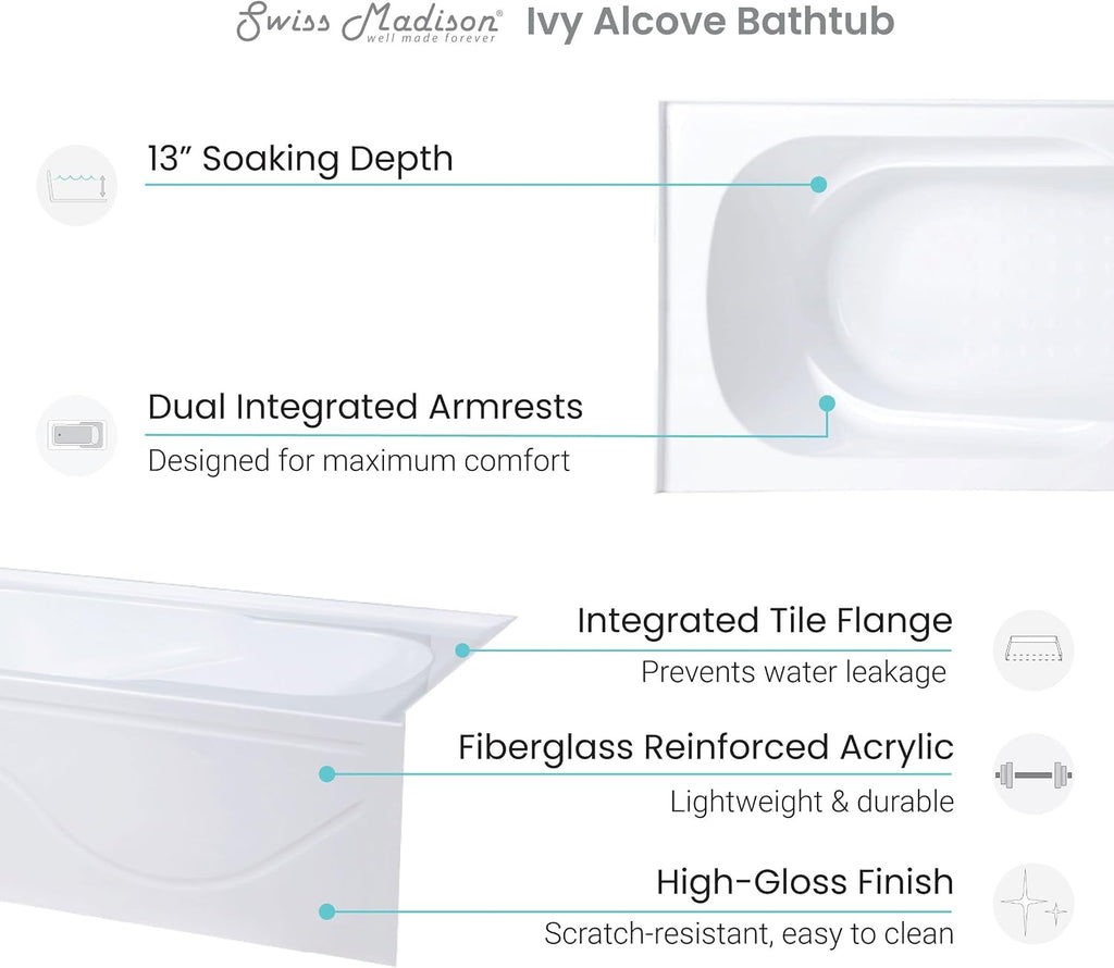 Swiss Madison Well Made Forever SM-AB545 Ivy Alcove Tub, 60' x 30', Glossy White