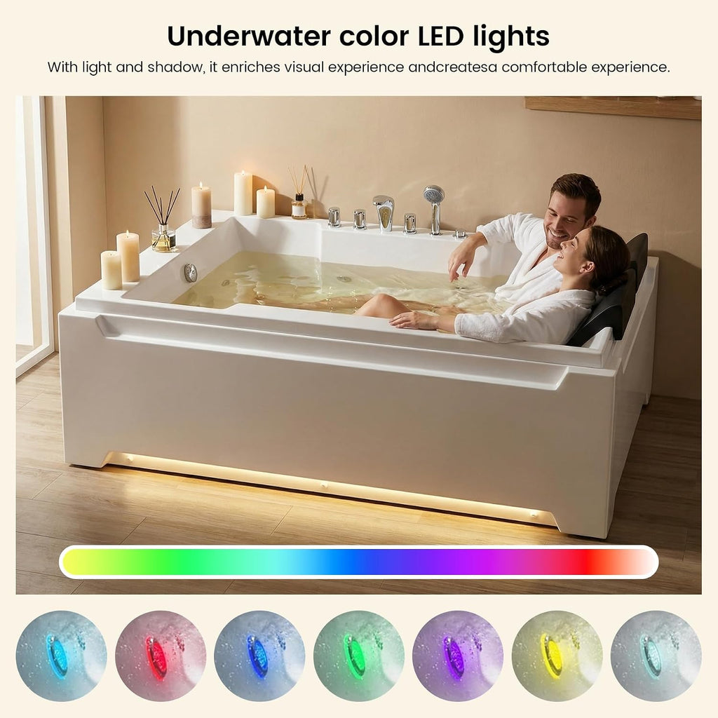73x48-inch dual massage bathtub, featuring 8 jets, a 750-watt hydrotherapy pump, multi-color underwater LED lighting, 110-gallon capacity, suitable for two people. (white-1)