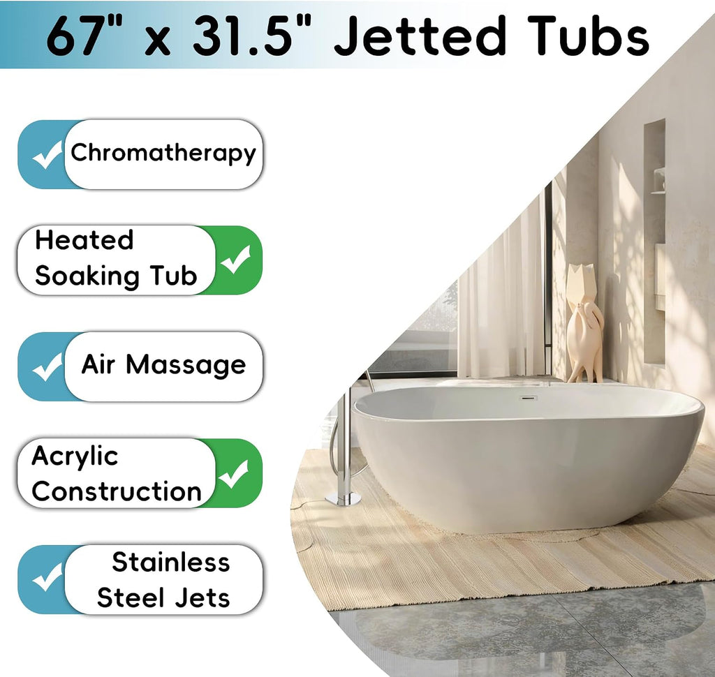 67'x31.5' Jetted Tubs with 6 Whirlpool Nozzles and 8 Air Bubbles, White Freestanding Massage Whirlpool Bathtub, Hydro Massage, Color-Changing LED Chromatherapy, Air type control switch