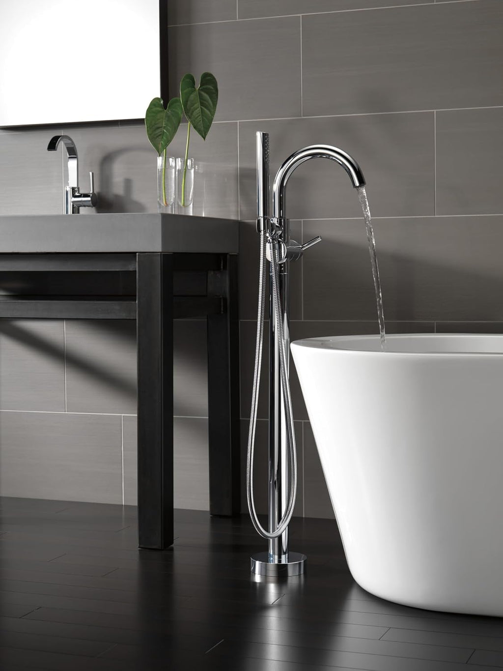Delta Faucet Trinsic Floor Mount Tub Filler - Freestanding Roman Tub Spout with Handheld Shower - Flexible Shower Hose - Double Check Valves - Chrome, T4759-FL (Rough Sold Separately)