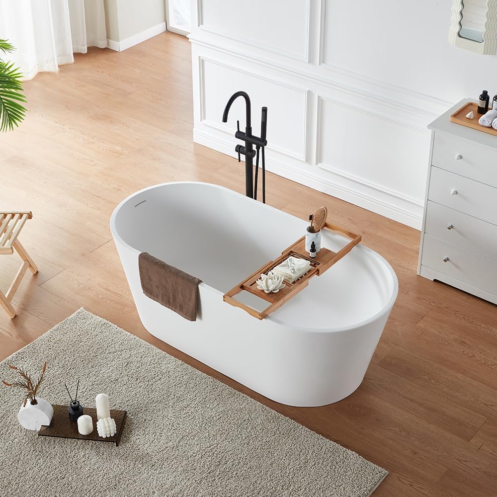 Cpingao 55' Stone Resin Freestanding Bathtub, Modern Oval Solid Surface Soaking Stand Alone Tub, Matte White, Drain & Overflow Included 8816-1400