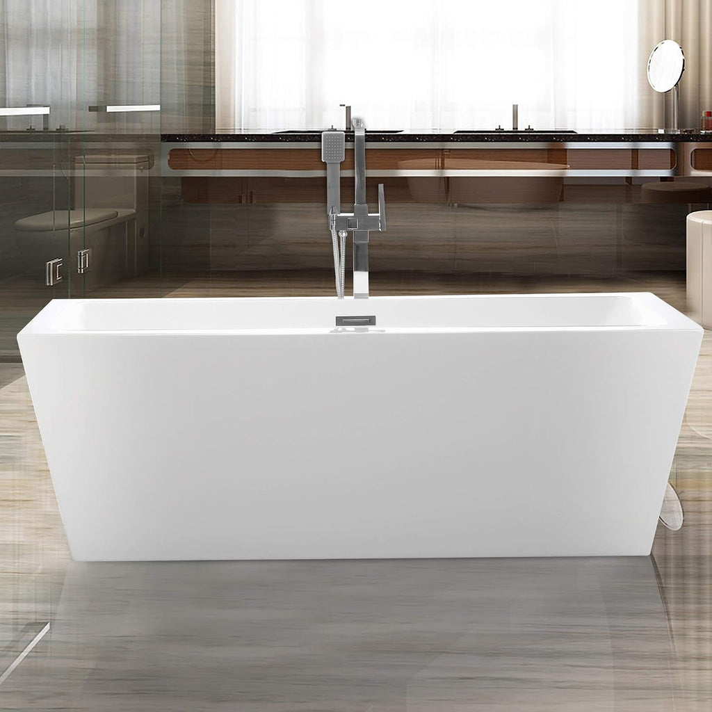 HomeBeyond 59 Inch Freestanding Bathtub | Acrylic Free Standing Tub, Square Flatbottom Freestanding Bathtub Stand Alone Tub, 49 (gallons) capacity