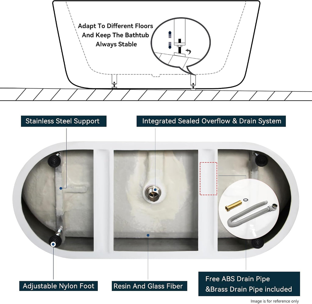 FerdY 59' Bali Elite Acrylic Freestanding Bathtub with Headrest, Gracefully Shaped Soaking Bathtub, cUPC Certified, Toe-Tap Brushed Nickel Drain & Overflow & Bath Pillow Included