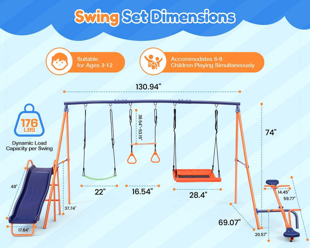Swing Sets for Backyard Kids 3-12, Outdoor Playground Swingset with Slide&Teeter-Totter,700LBS Heavy Duty Swing Set with 2 Adjustable Swings,Ring Trapeze Bar- Large Metal Playset for Toddlers Children