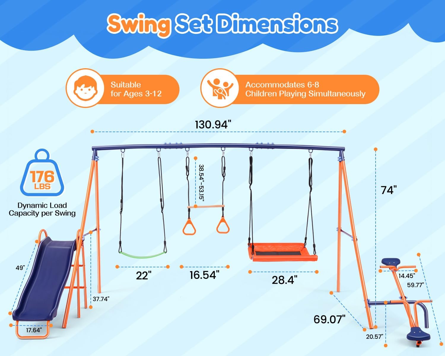 Swing Sets for Backyard Kids 3-12, Outdoor Playground Swingset with Slide&Teeter-Totter,700LBS Heavy Duty Swing Set with 2 Adjustable Swings,Ring Trapeze Bar- Large Metal Playset for Toddlers Children