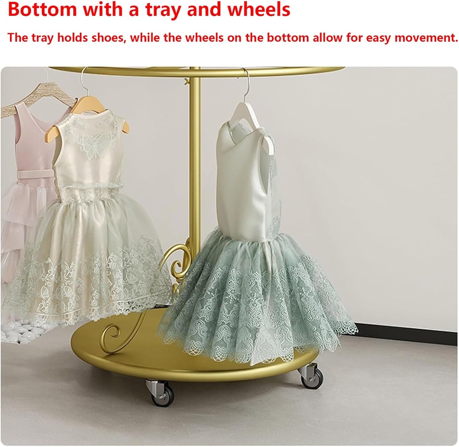 2 Layer Rotating Garment Rack, Round, Floor Standing Clothing Stand, Clothes Retail Display Shelf, for Bedroom Boutique Commercial Shop Laundry Room, 23.6 * 59in(Gold)