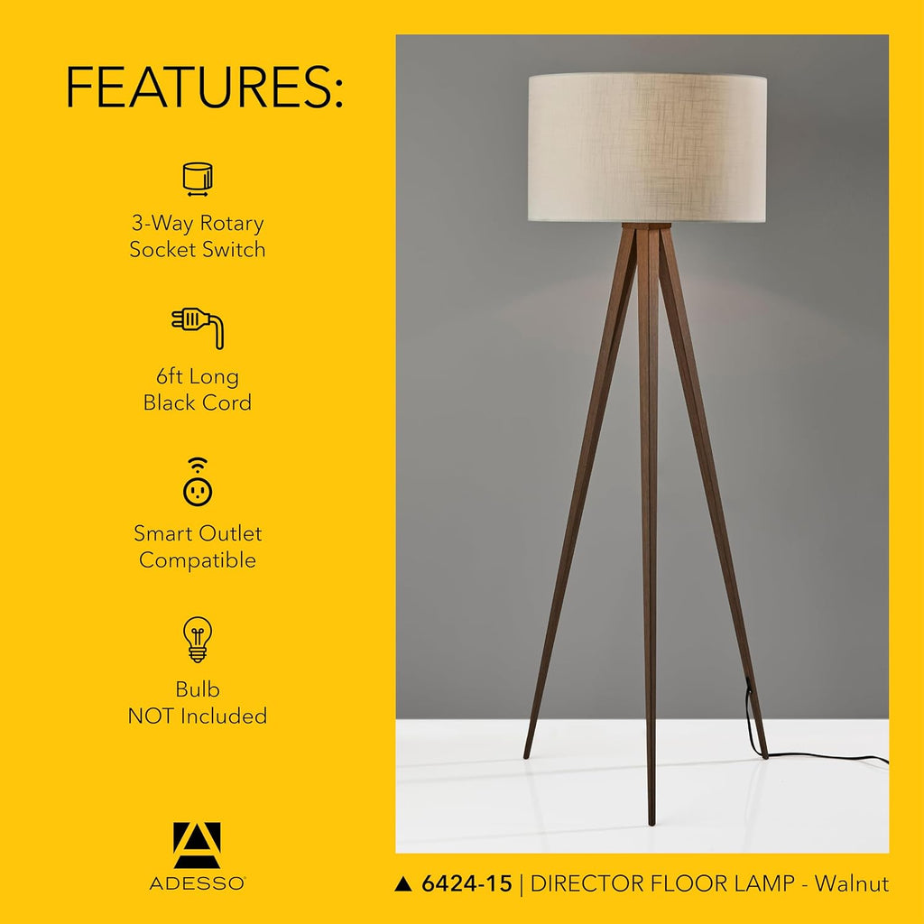 Adesso Floor Lamp with Walnut Rosewood Veneer and Beige Fabric Lampshade – 3-Way Adjustable Brightness, Lamp for Bedroom, Living Room, and House Décor, 60.25' x 21'