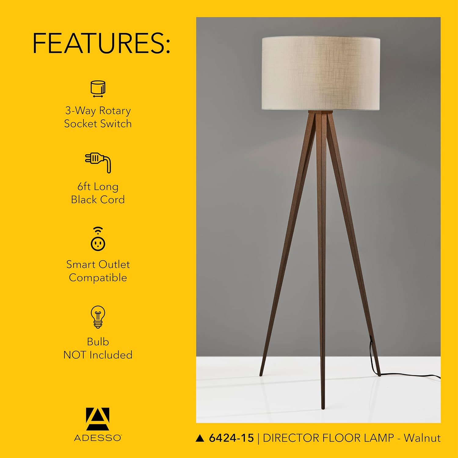 Adesso Floor Lamp with Walnut Rosewood Veneer and Beige Fabric Lampshade – 3-Way Adjustable Brightness, Lamp for Bedroom, Living Room, and House Décor, 60.25' x 21'