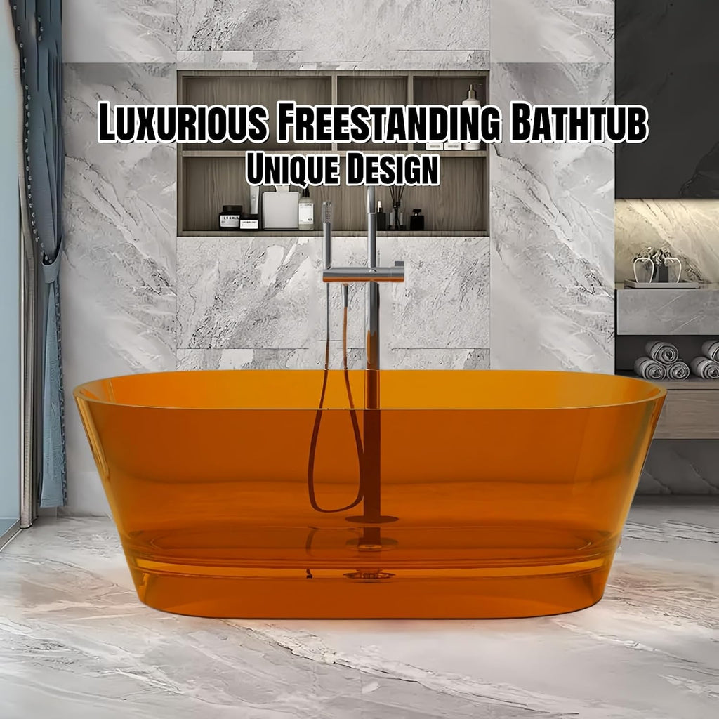 55' Edeyeu Freestanding Bathtub - Luxury Natural Resin Solid Surface Bathtub, Extra Deep Soaking Tub With Artistic Translucent Design, High-End Stand Alone Free Standing Tub Black