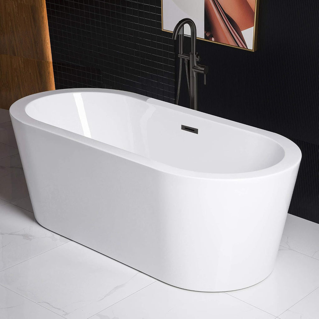 WOODBRIDGE 59' Acrylic Freestanding Bathtub Contemporary Soaking White Tub with Matte Black Overflow and Drain，B0012 -MB-Drain &O