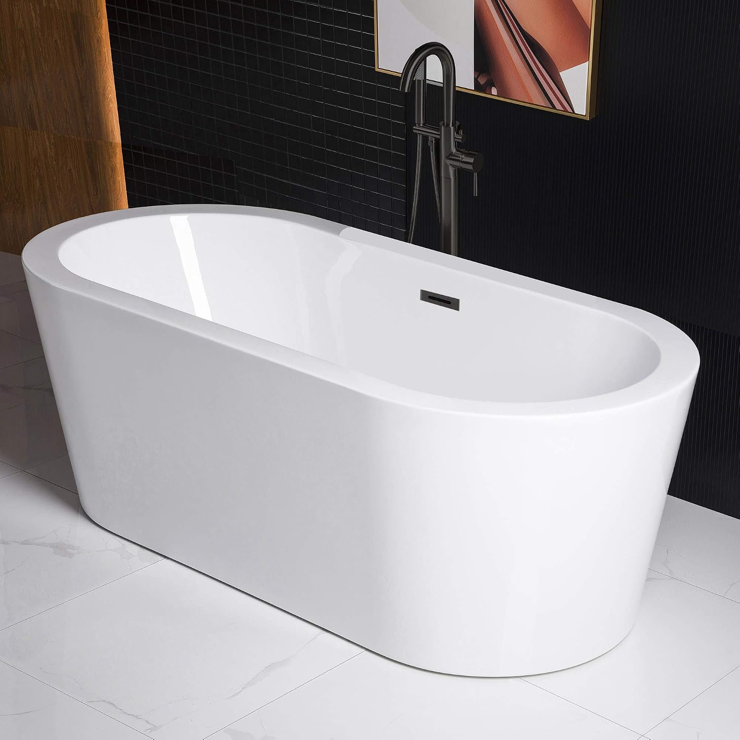 WOODBRIDGE 59' Acrylic Freestanding Bathtub Contemporary Soaking White Tub with Matte Black Overflow and Drain，B0012 -MB-Drain &O