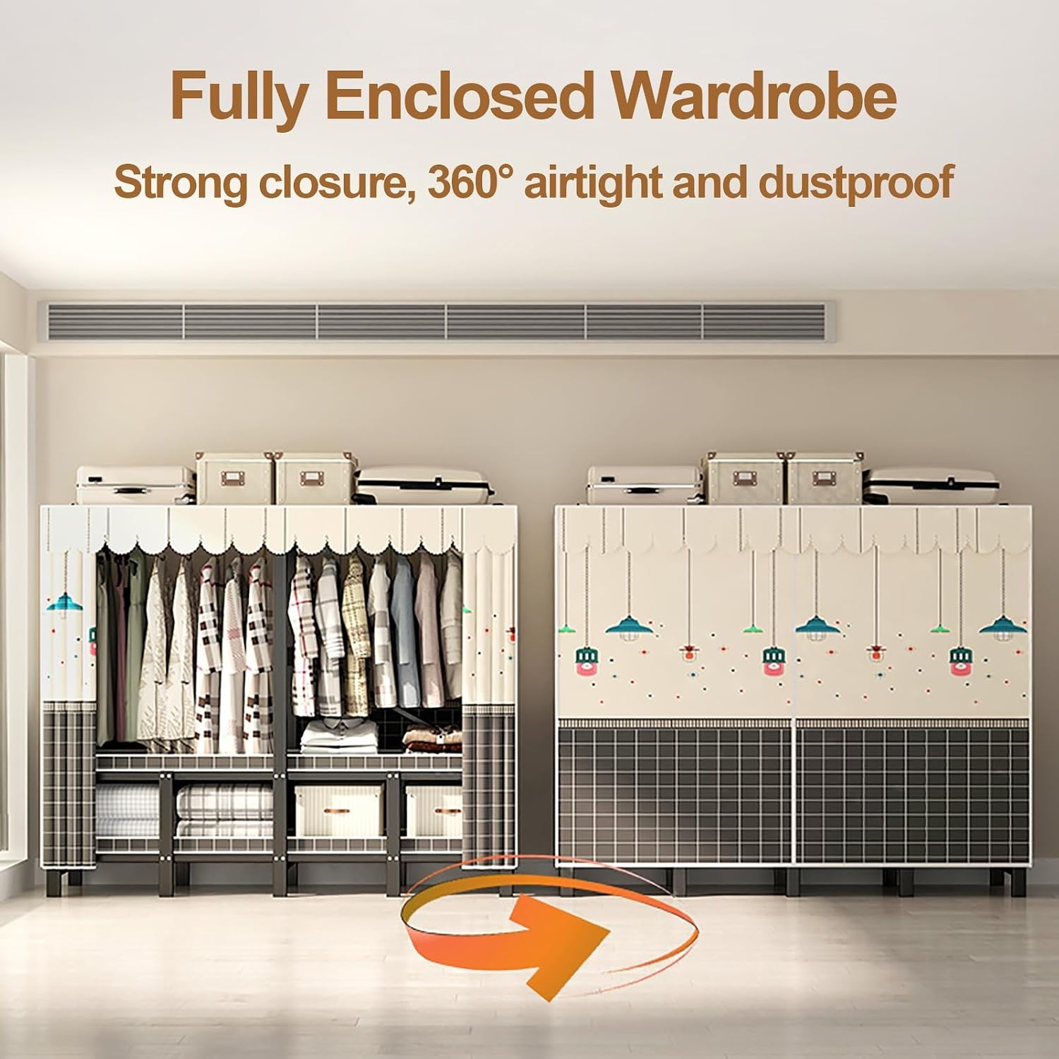 Foldable Portable Wardrobe Closet With Cover, Freestanding Clothing Racks For Hanging Clothes, Coat Storage Metal Garment Racks For Bedroom(Yellow,145cm/57.1inch)