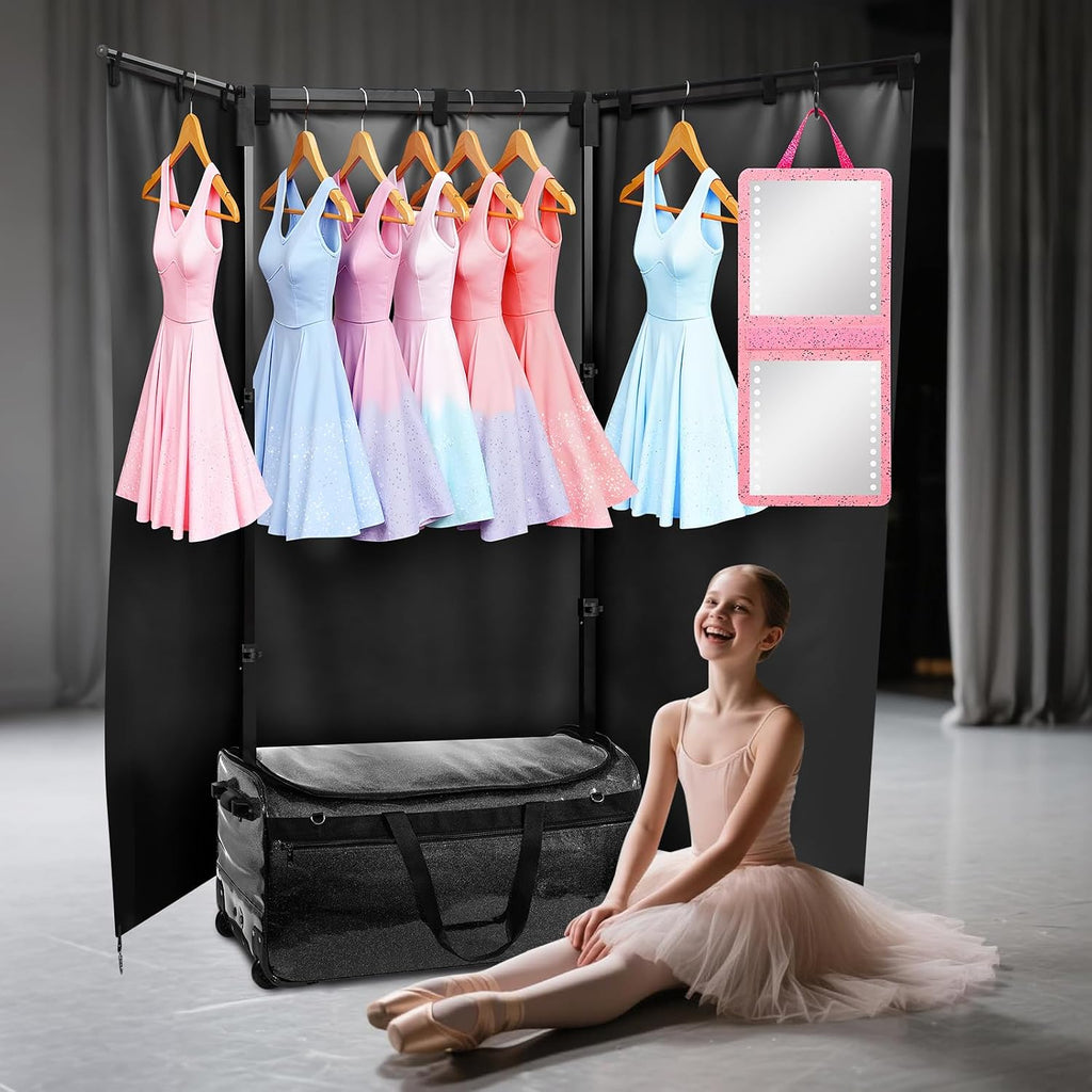 Dance Bag with Garment Rack and Curtain, 28' Rolling Dance Competition Duffle Bag with Garment Rack | Mobile Changing Station Dance Suitcase for Dancer Athlete Livestreamer Cheerleader Cosplayer