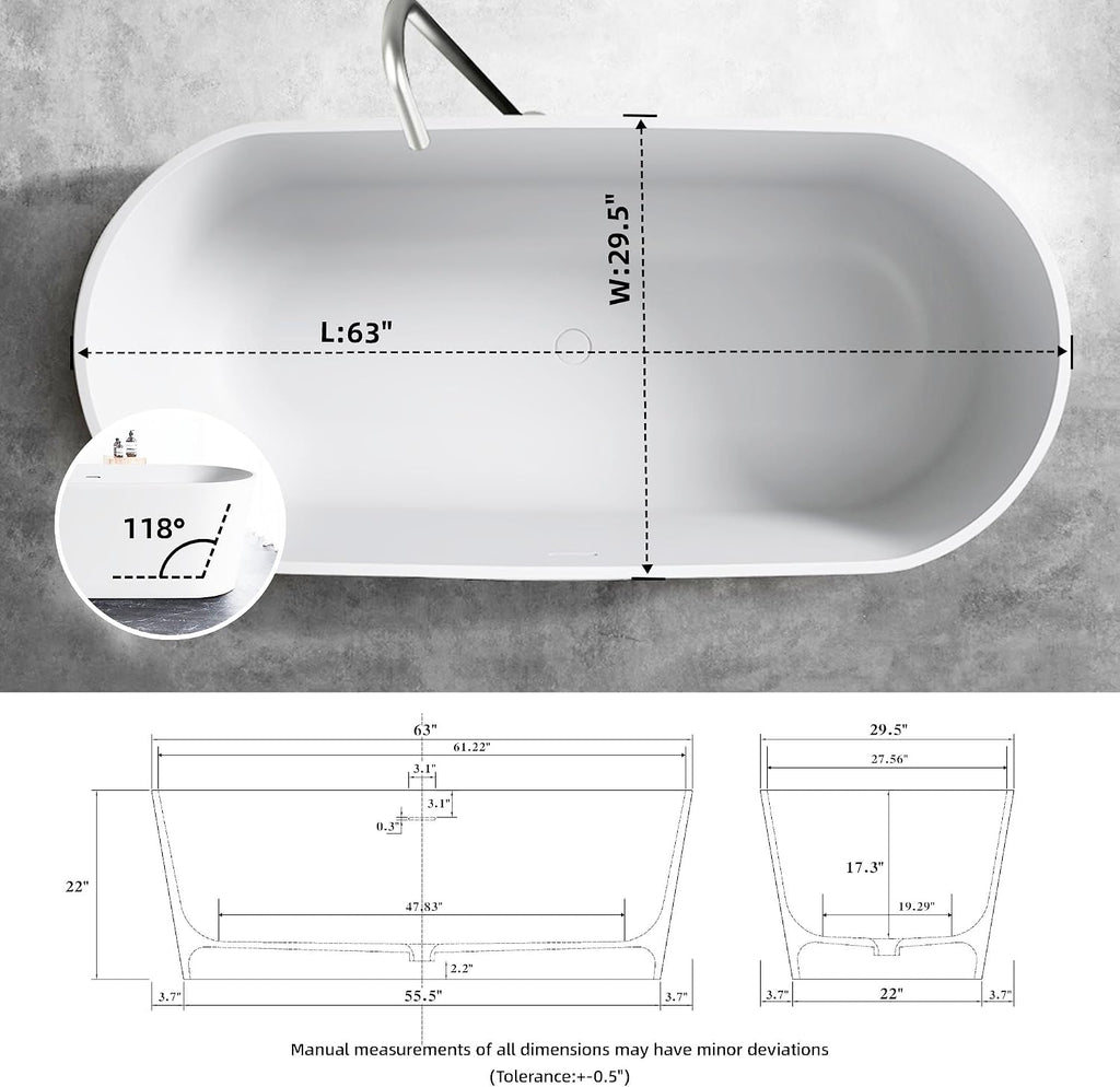 63'' Freestanding Bathtub Solid Surface Matte Bathroom Bathtub Soaking Tubs Resin Stone Bathtubs Oval Soak Tubs with Overflow and Pop-up Drain - White…