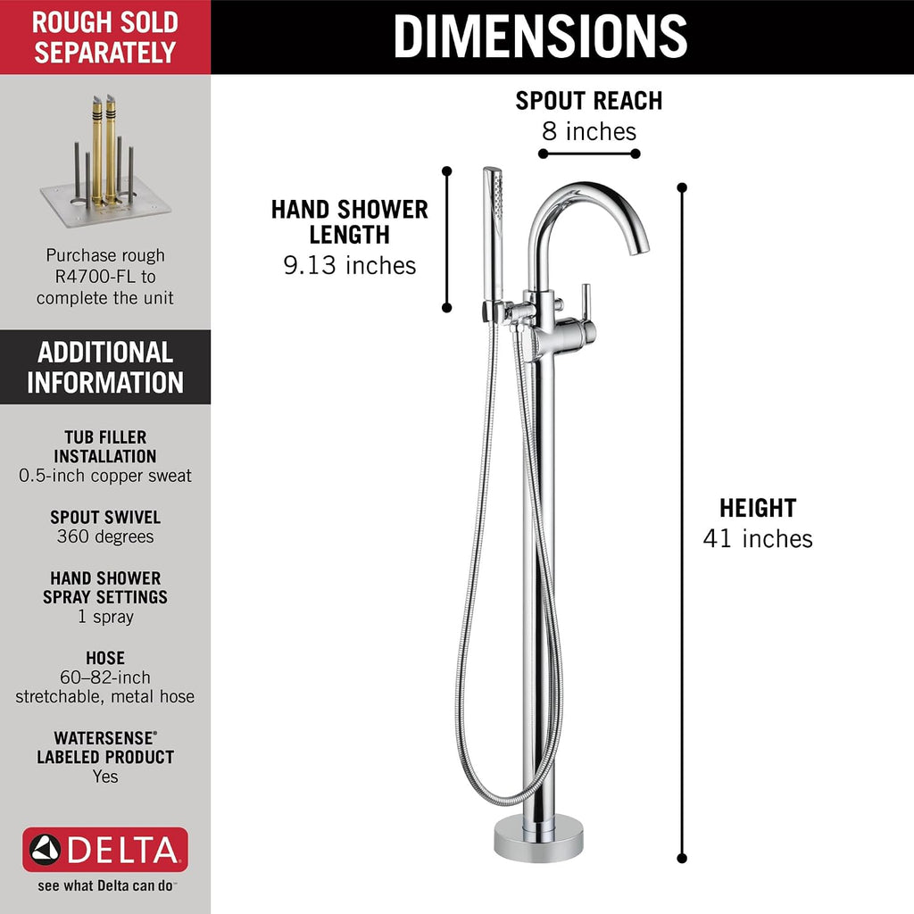Delta Faucet Trinsic Floor Mount Tub Filler - Freestanding Roman Tub Spout with Handheld Shower - Flexible Shower Hose - Double Check Valves - Chrome, T4759-FL (Rough Sold Separately)