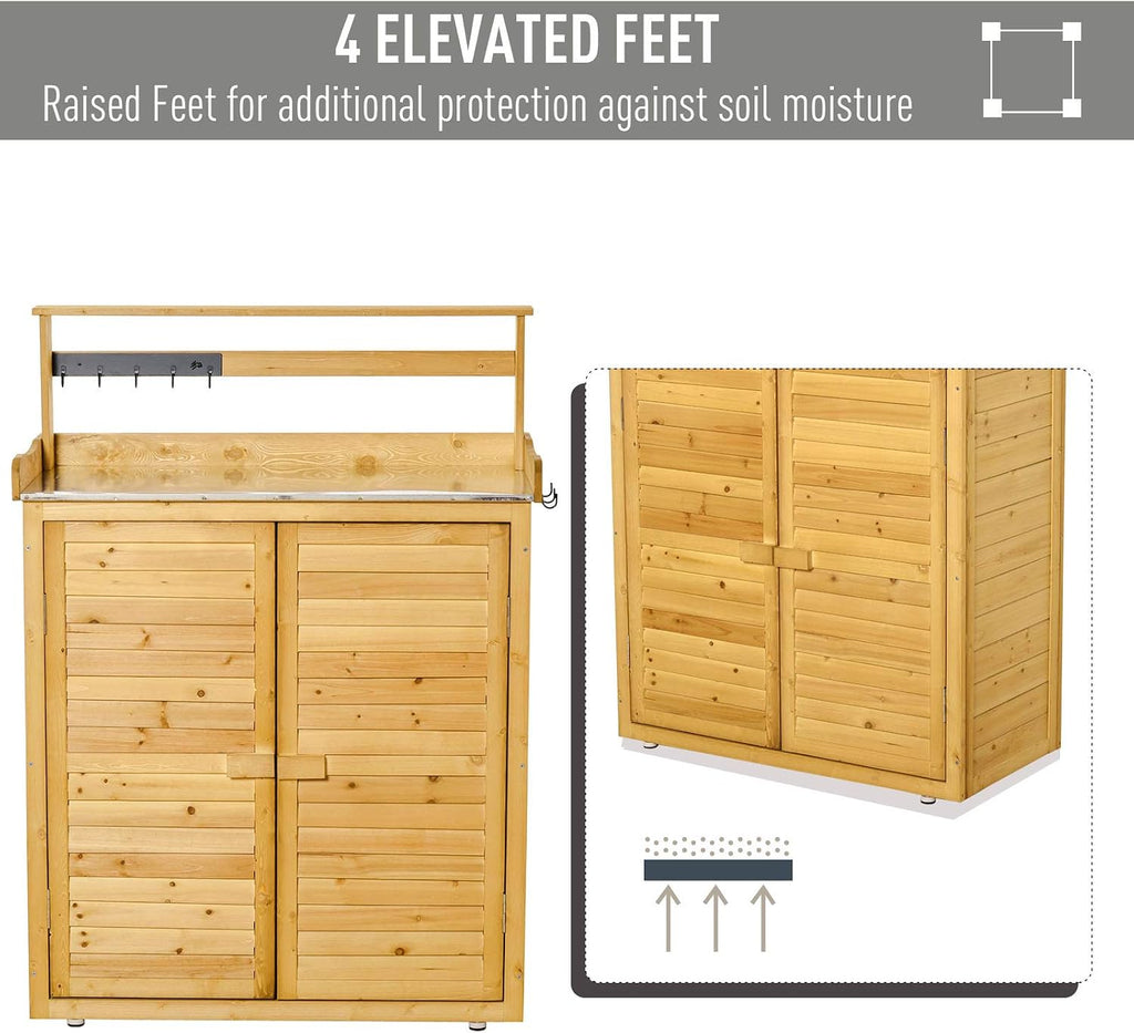 Garden Potting Bench Table Wooden Workstation Shed with Tabletop, Hooks, 3 Tier Shelves Cabinet and 2 Magnetic Close Doors